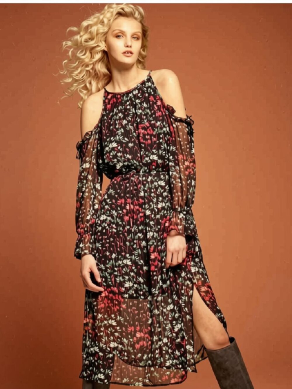1. State Cold Shoulder Floral Midi Dress